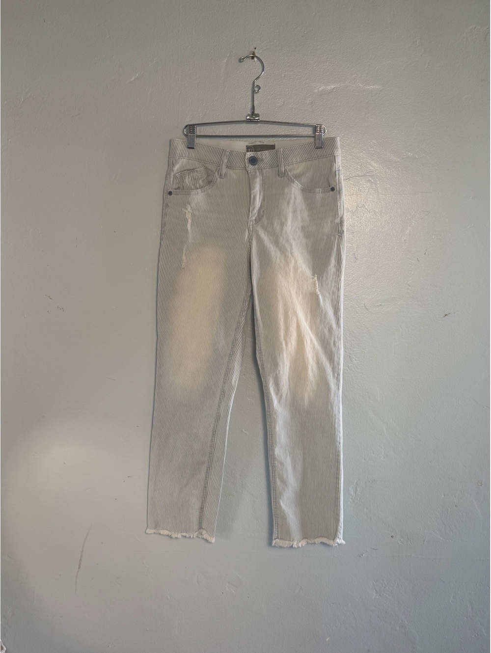 Light Gray Pinstripe Distressed Skinny Jeans with Frayed Hem